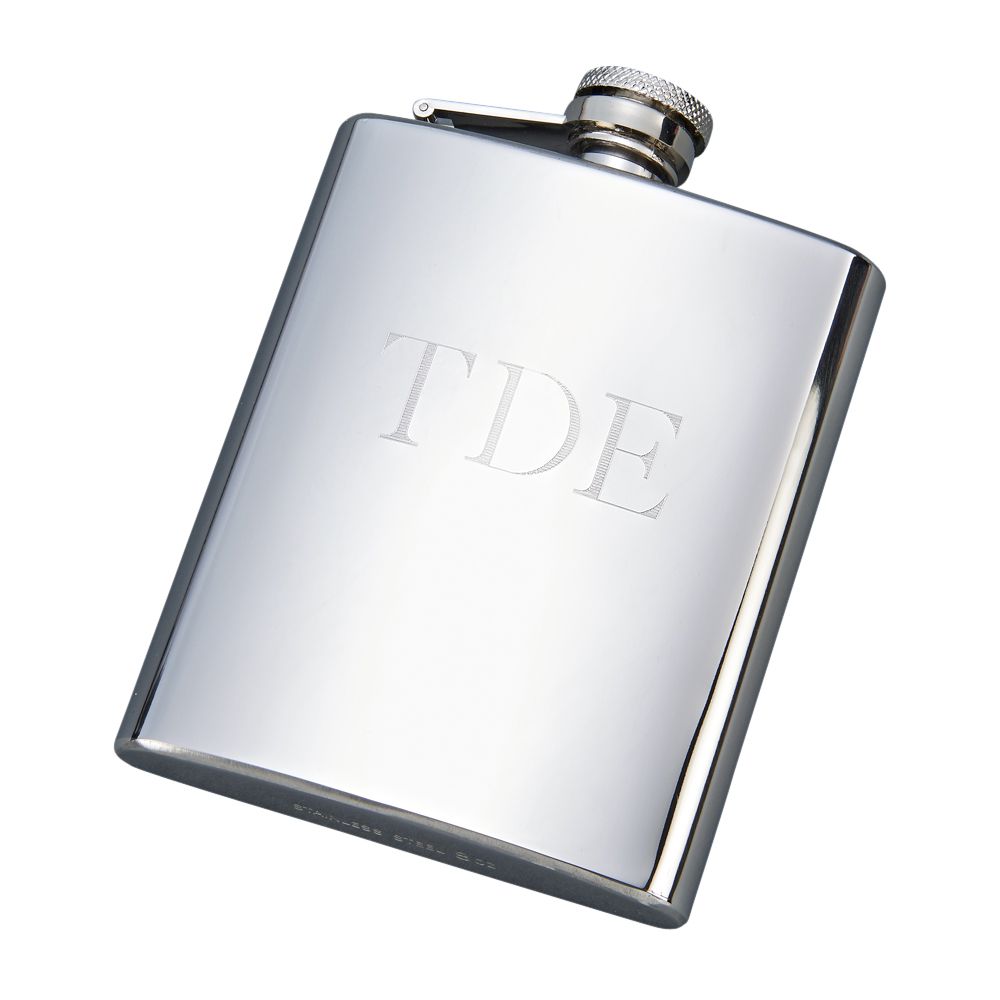 A sleek 8 oz stainless steel flask with a polished finish, featuring a hinged top and gift box packaging.