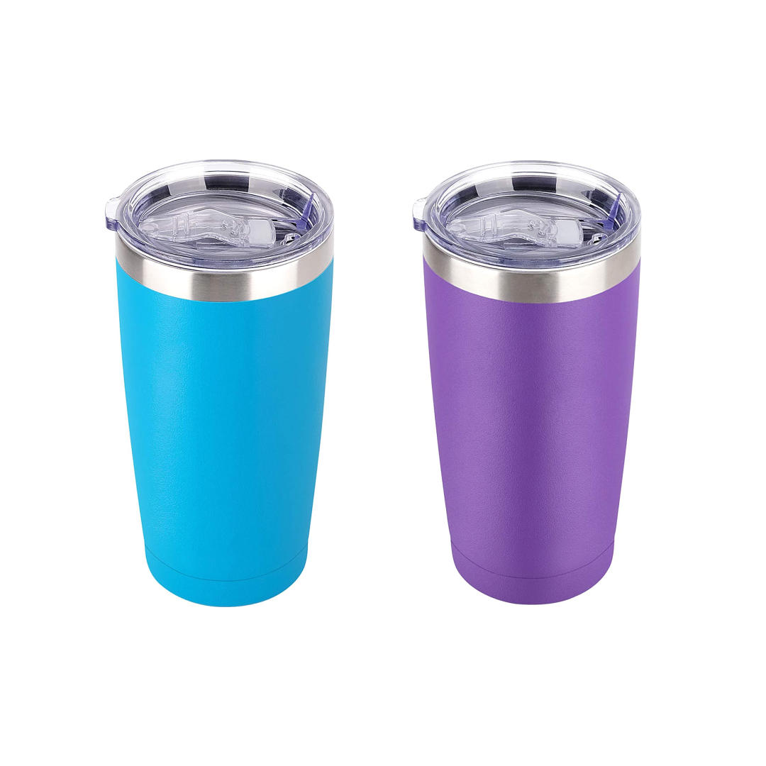 A stylish 20 oz stainless steel travel mug in blue and purple, showcasing its double-wall vacuum insulation and powder-coated finish.