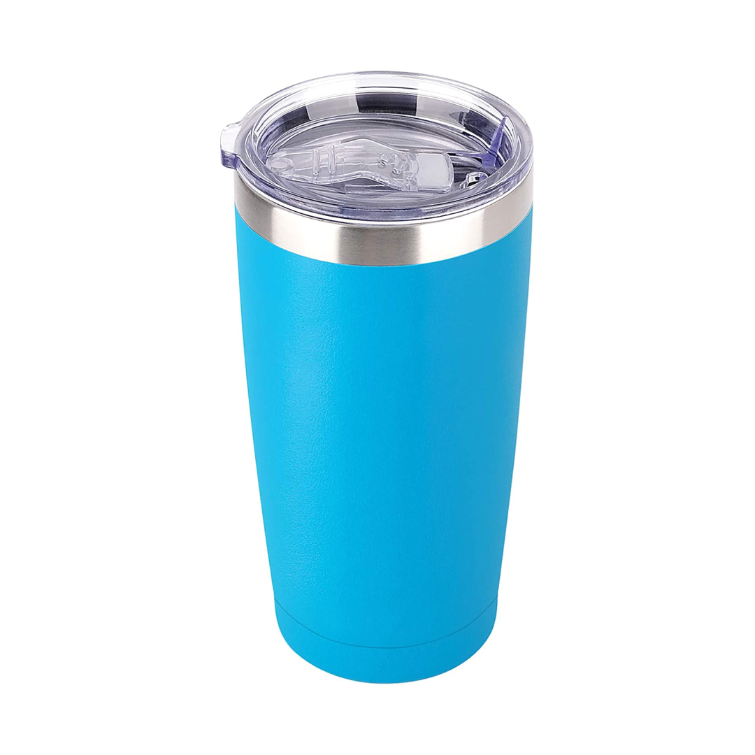 A stylish 20 oz stainless steel travel mug in blue and purple, showcasing its double-wall vacuum insulation and powder-coated finish.