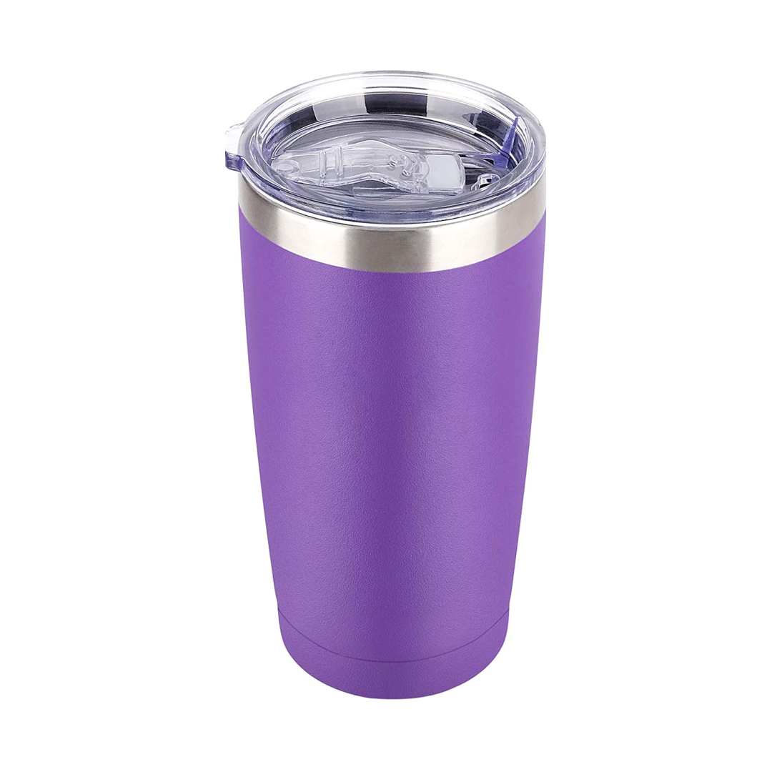 A stylish 20 oz stainless steel travel mug in blue and purple, showcasing its double-wall vacuum insulation and powder-coated finish.