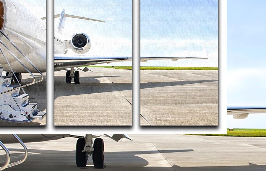 A striking 3-panel canvas print featuring stairs with a jet engine design, showcasing vibrant colors and modern art style.