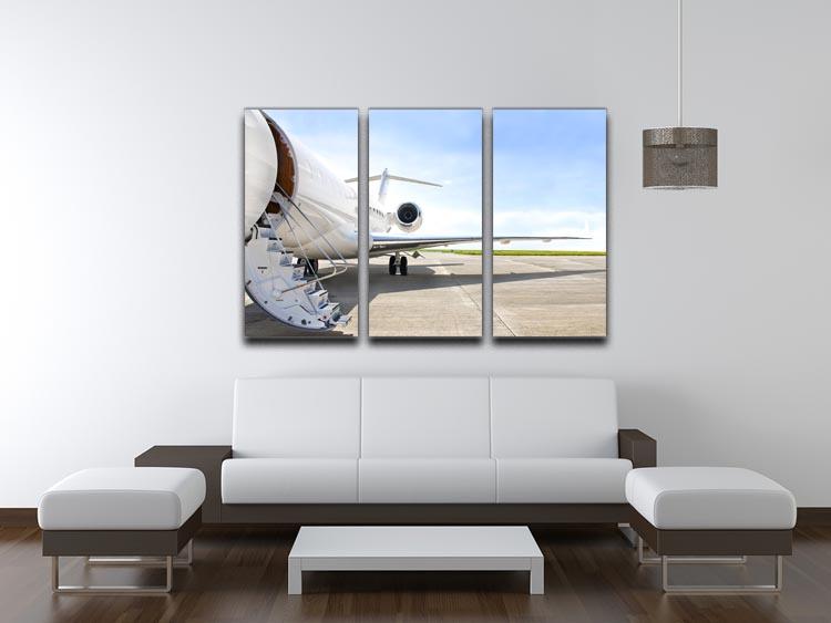 A striking 3-panel canvas print featuring stairs with a jet engine design, showcasing vibrant colors and modern art style.
