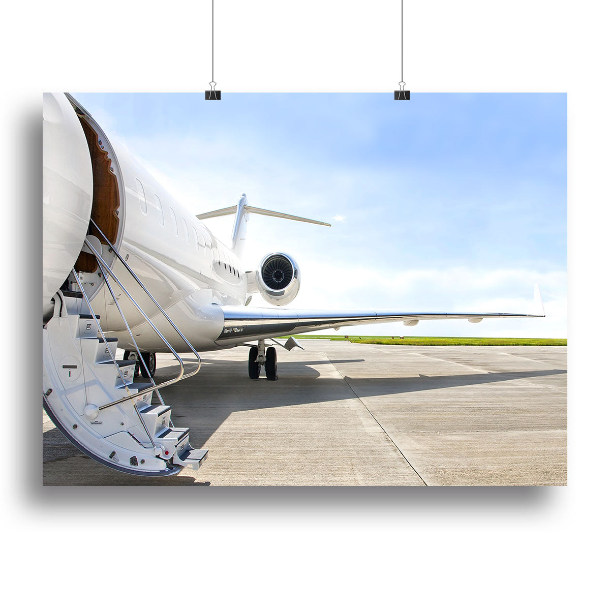 A vibrant canvas print featuring stairs leading to a jet engine, showcasing modern art design.