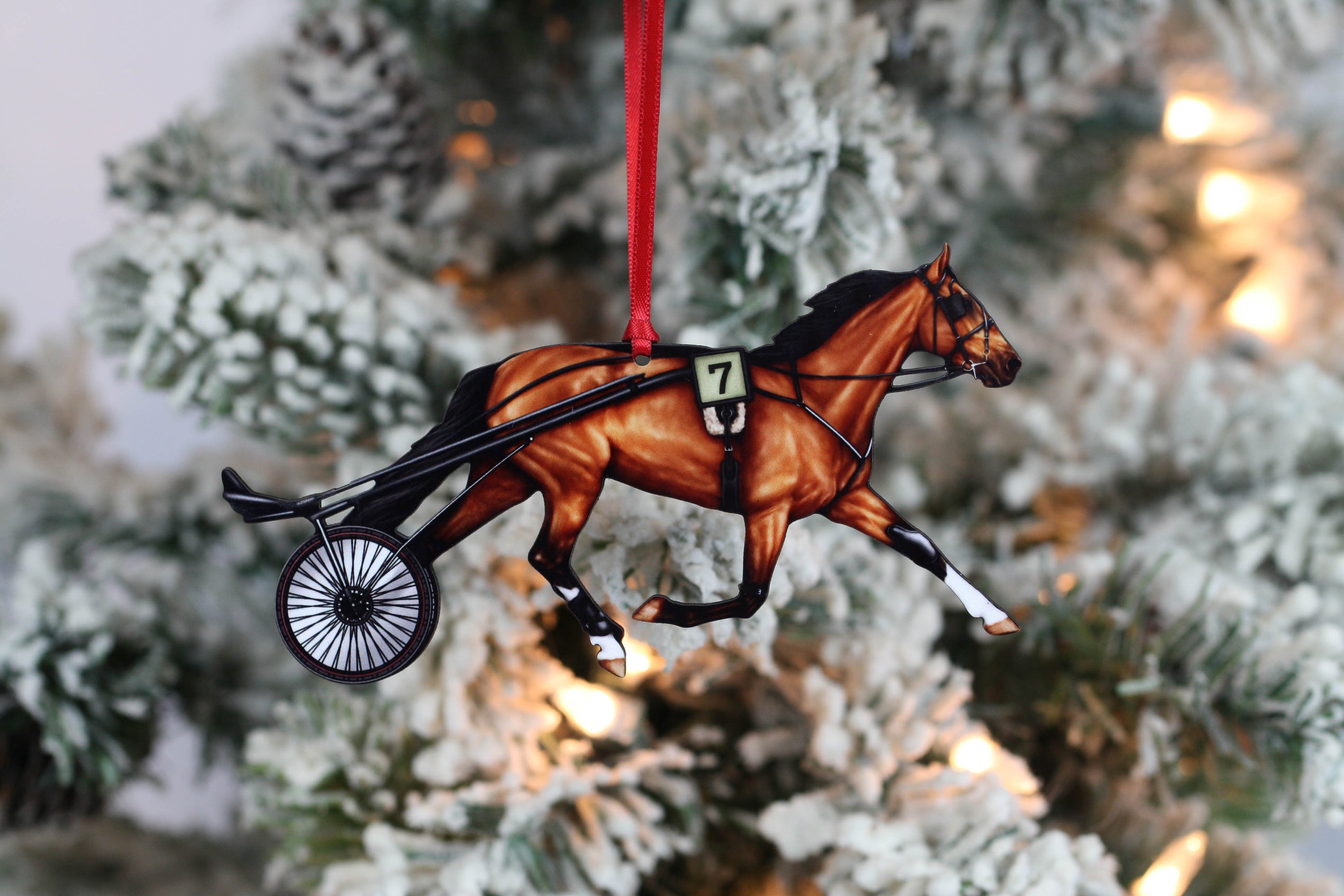 Handmade bay Standardbred Racehorse ornament made from composite wood, featuring a glossy printed front and dark brown back, perfect for holiday decor.