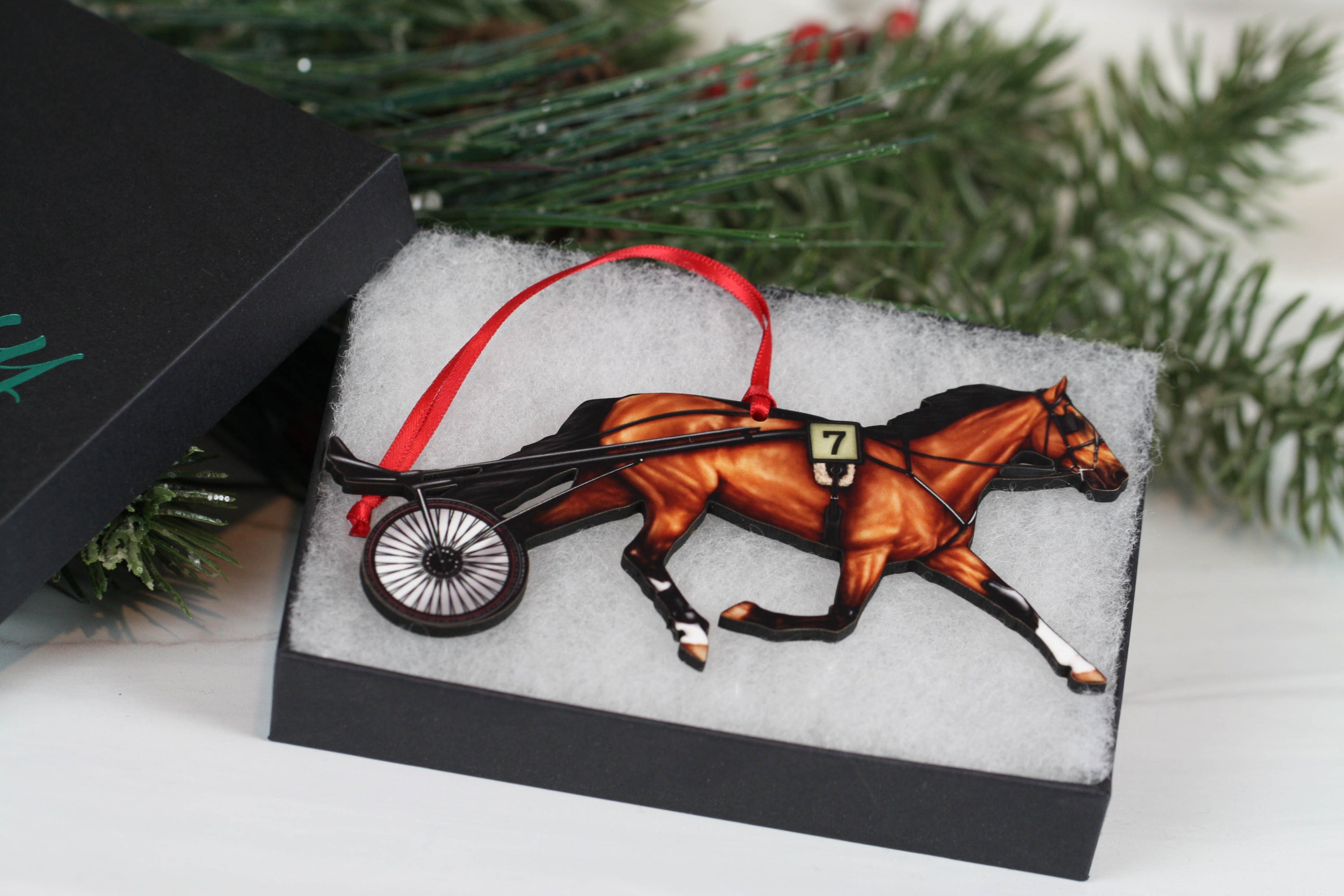 Handmade bay Standardbred Racehorse ornament made from composite wood, featuring a glossy printed front and dark brown back, perfect for holiday decor.