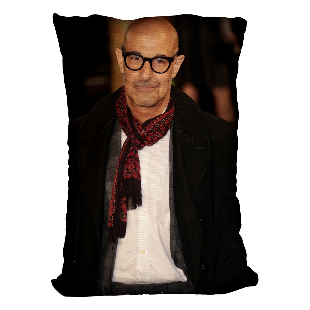 A vibrant Stanley Tucci Cushion featuring abstract designs on luxurious vegan faux suede, perfect for home decor.