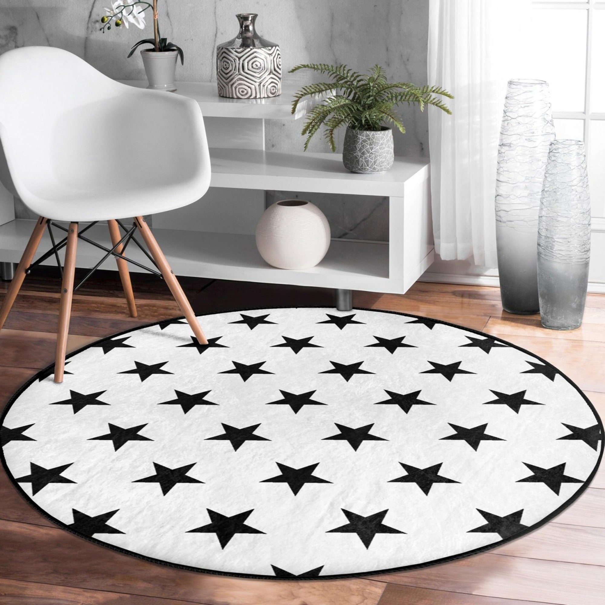 Stars on the White Washable Rug featuring a luxurious stars pattern on soft velvet fabric, perfect for home decor.