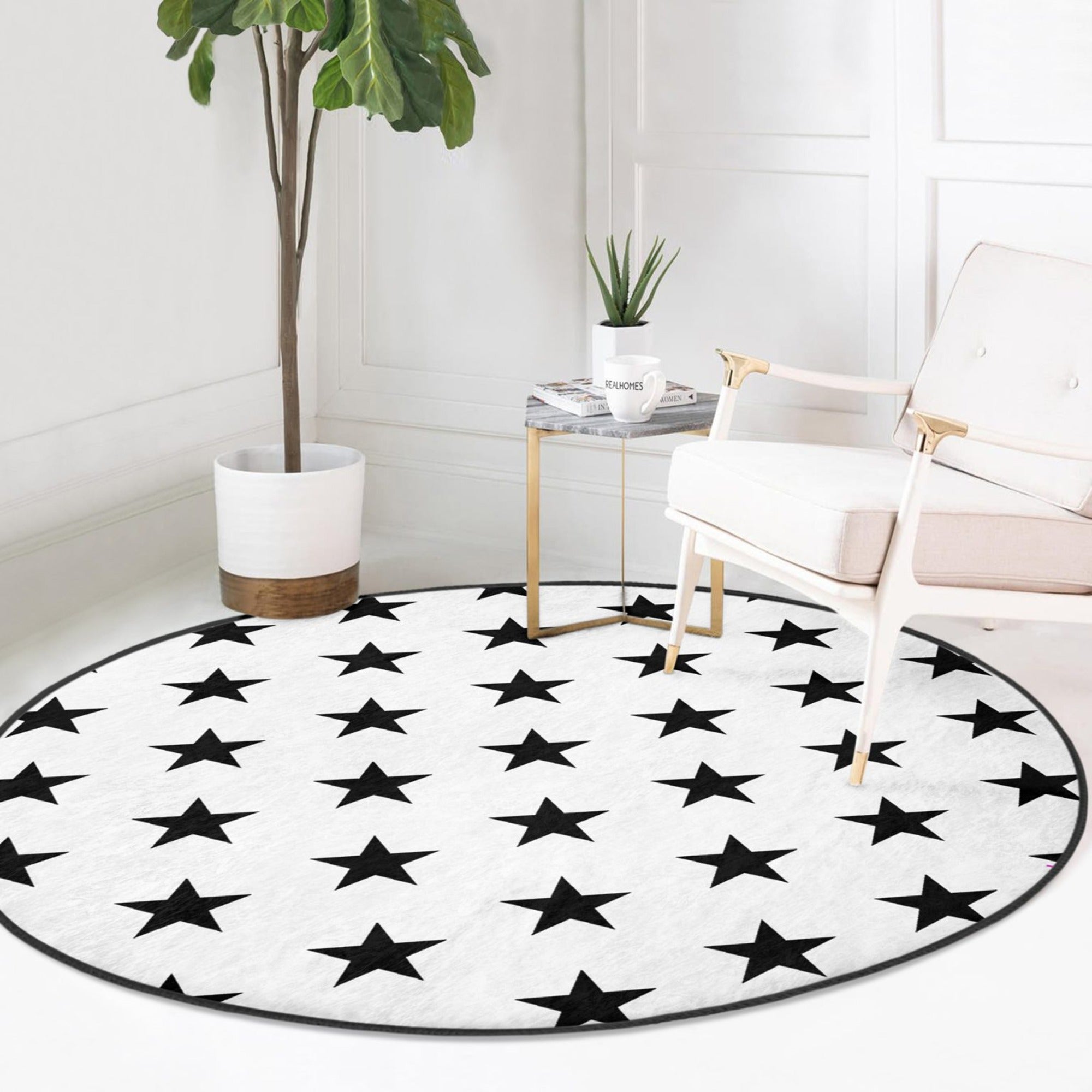 Stars on the White Washable Rug featuring a luxurious stars pattern on soft velvet fabric, perfect for home decor.