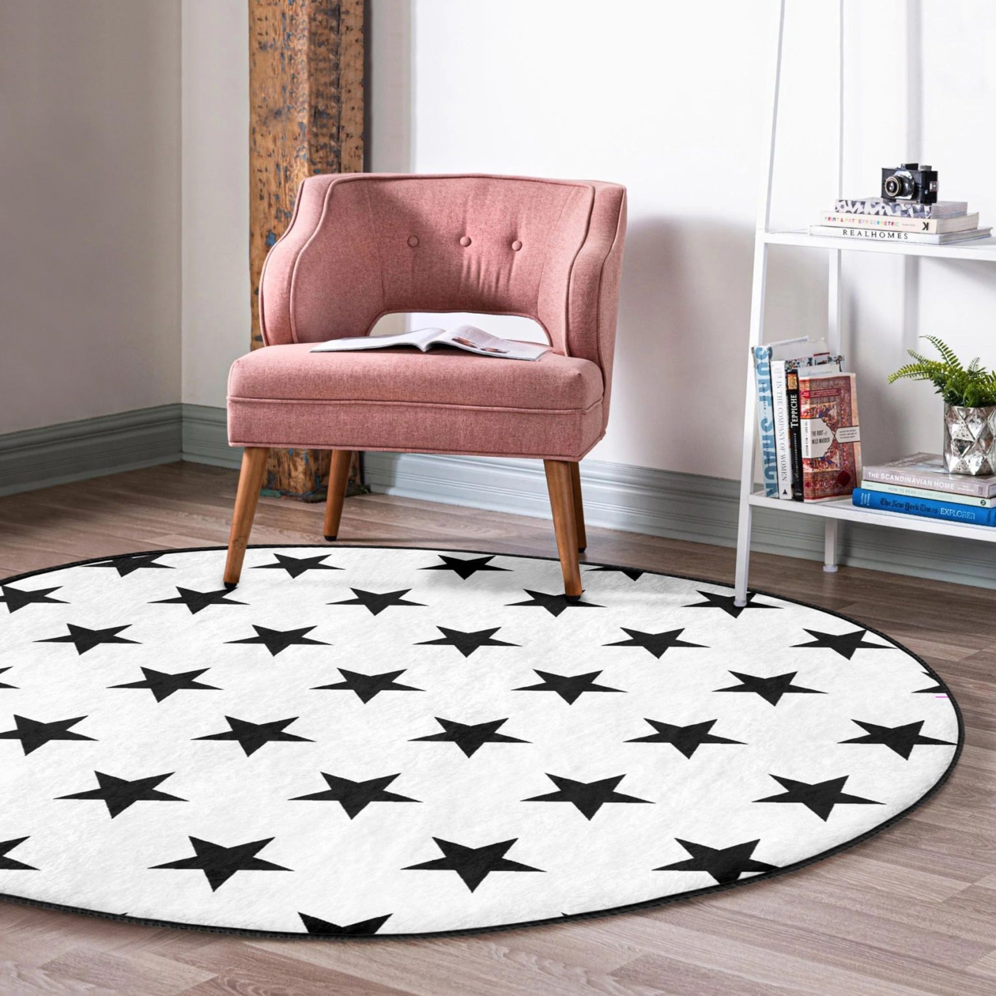 Stars on the White Washable Rug featuring a luxurious stars pattern on soft velvet fabric, perfect for home decor.