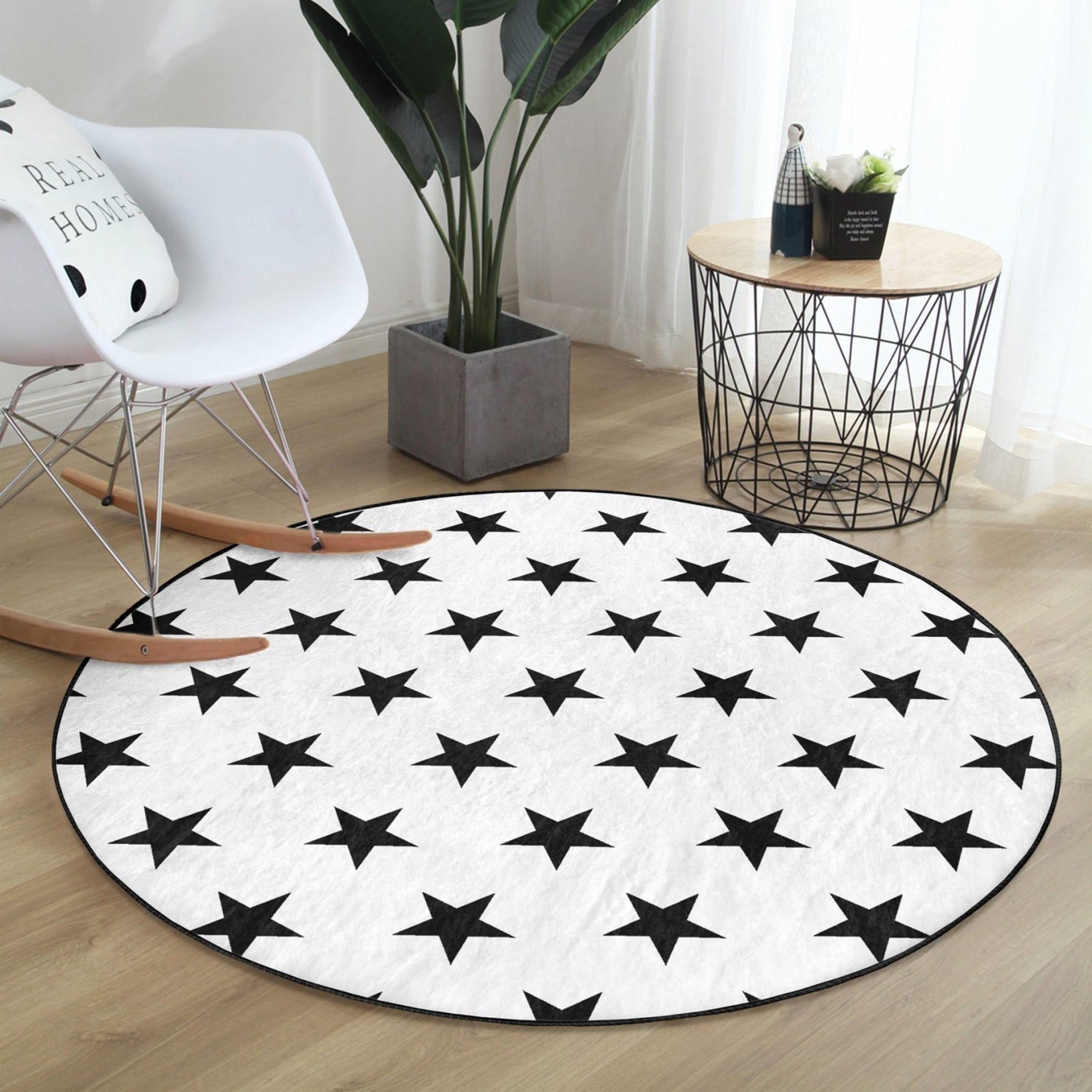 Stars on the White Washable Rug featuring a luxurious stars pattern on soft velvet fabric, perfect for home decor.
