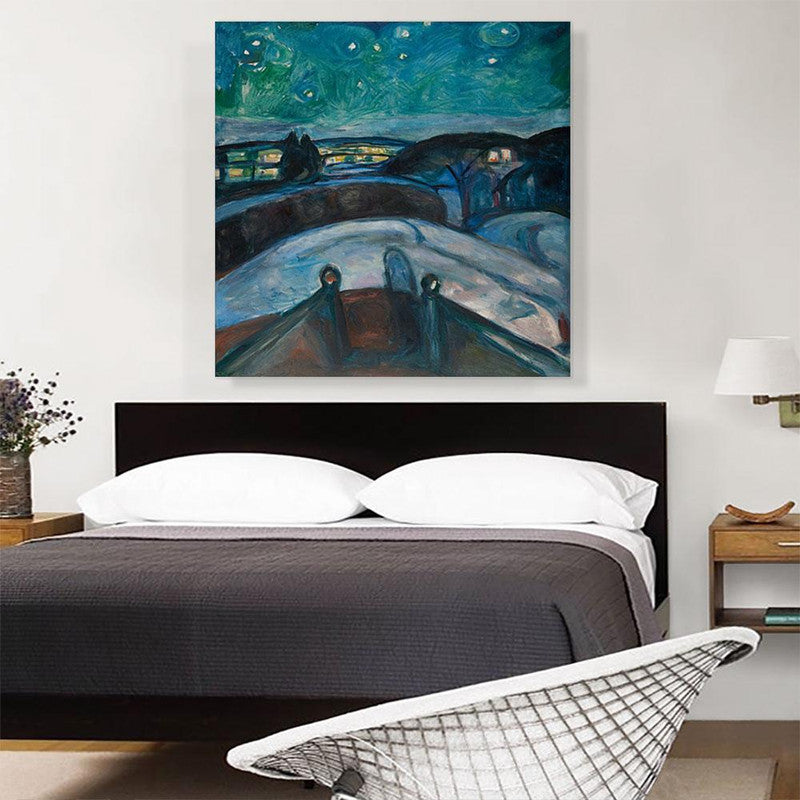 Starry Night 1922 canvas art featuring swirling blue and yellow patterns, capturing the essence of Van Gogh's masterpiece.