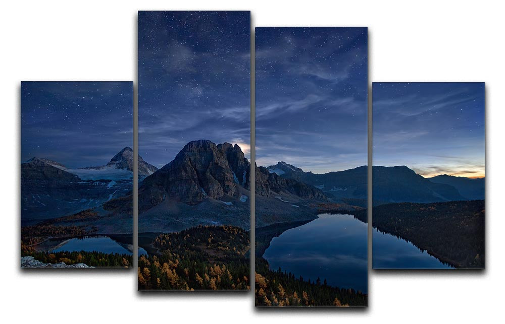 A stunning 4-split canvas artwork depicting a starry night over Mount Assiniboine, showcasing vibrant colors and intricate details.