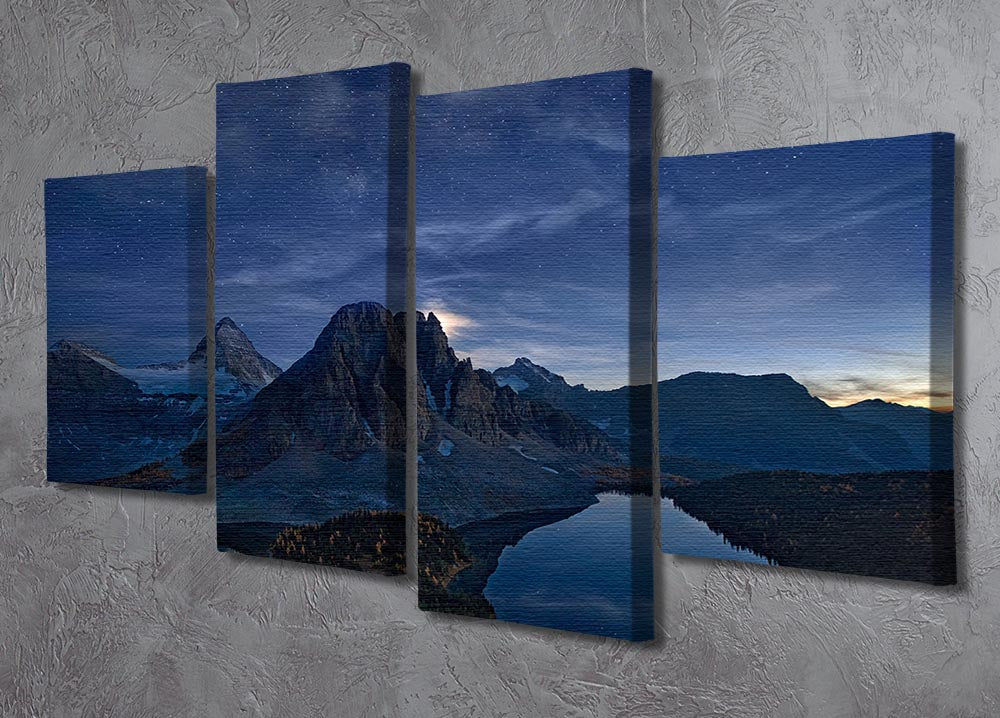 A stunning 4-split canvas artwork depicting a starry night over Mount Assiniboine, showcasing vibrant colors and intricate details.