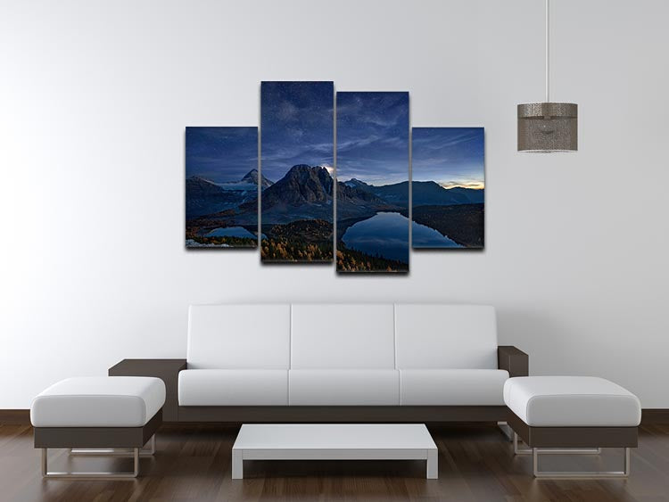 A stunning 4-split canvas artwork depicting a starry night over Mount Assiniboine, showcasing vibrant colors and intricate details.