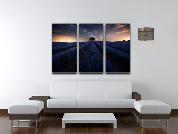 Three-panel canvas print featuring Starry Night over a lavender field, showcasing vibrant colors and intricate details.