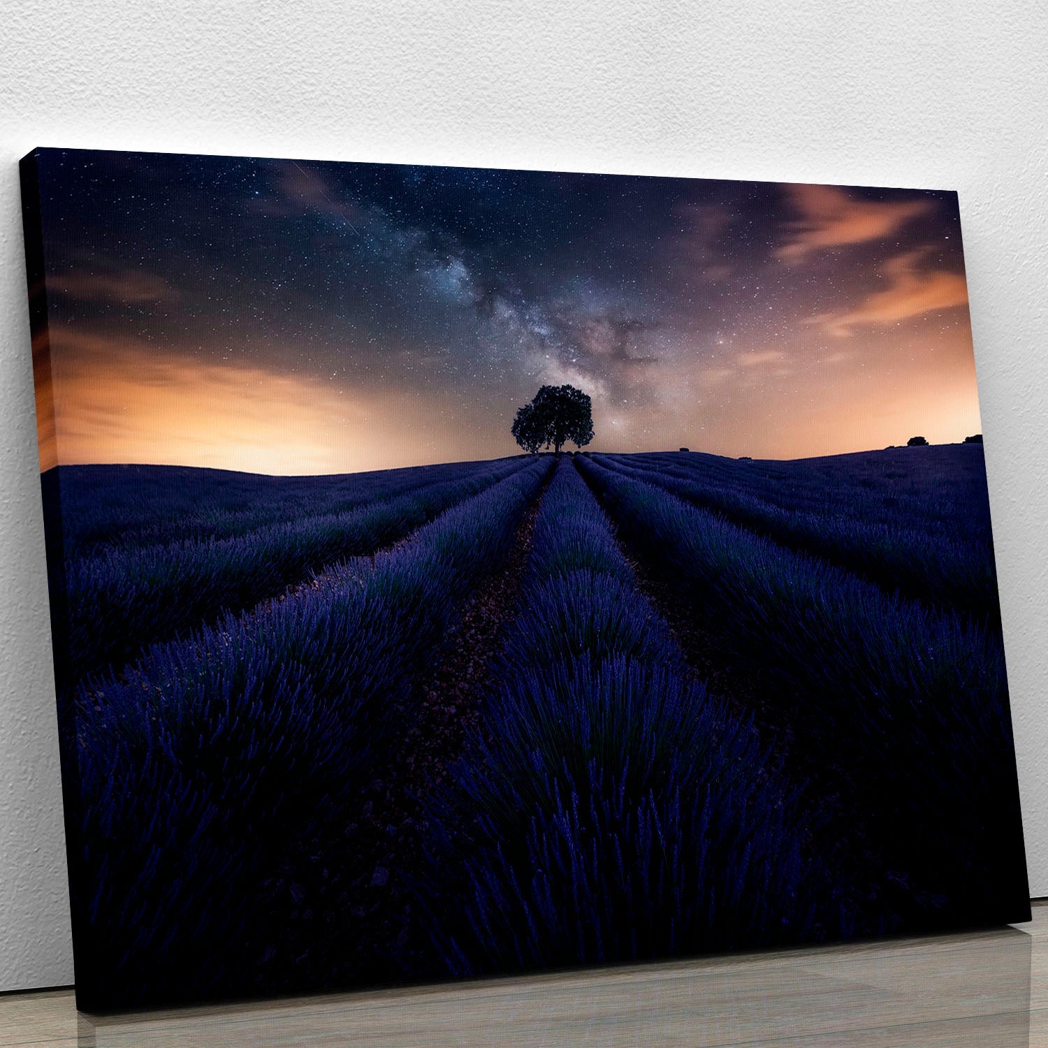 Canvas print featuring Starry Night over a lavender field, showcasing vibrant colors and intricate details.