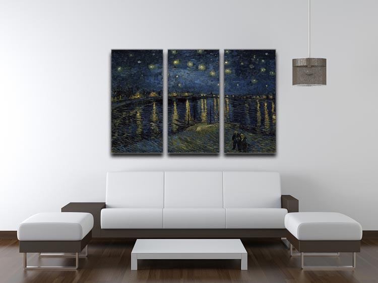 Starry Night over the Rhone 3-panel canvas print showcasing vibrant colors and intricate details, perfect for home decor.