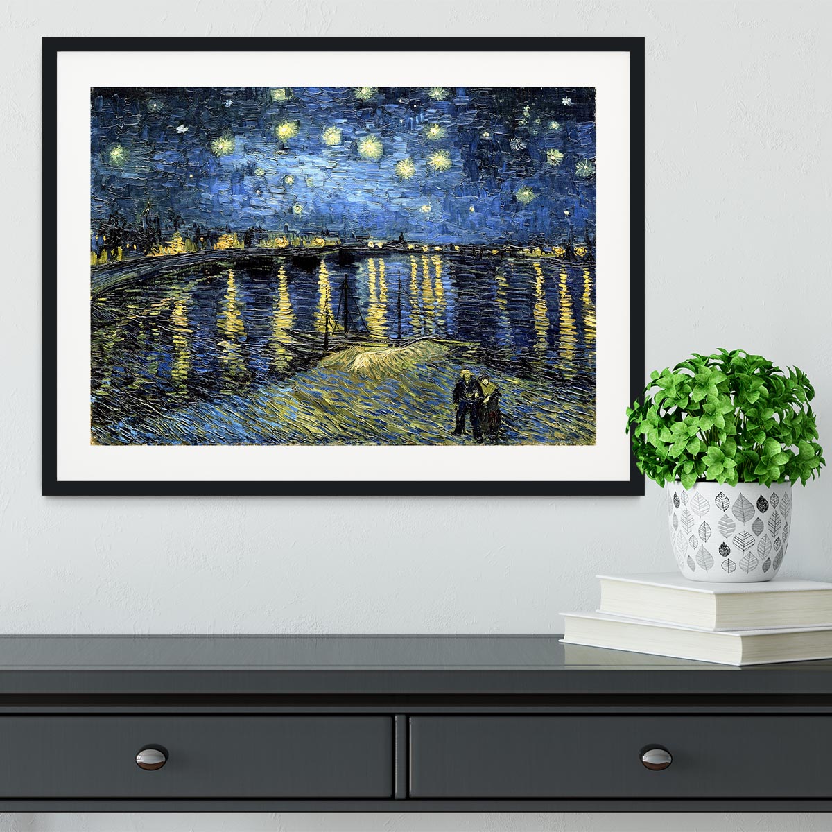 Framed print of Starry Night over the Rhone by Van Gogh, showcasing vibrant colors and elegant handmade frame.