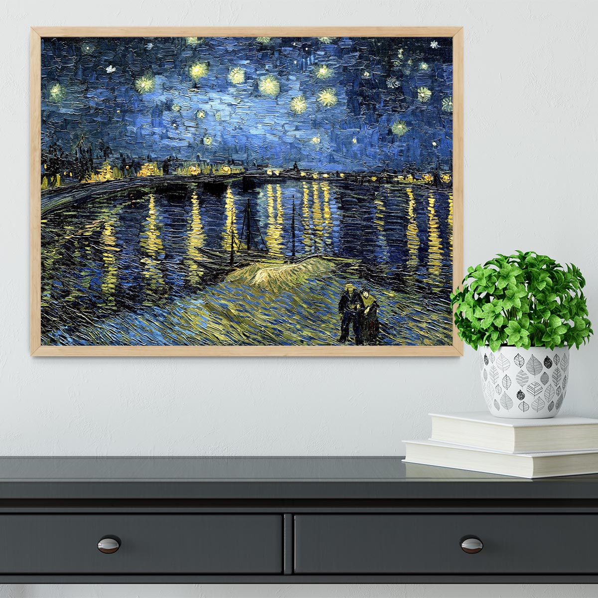 Framed print of Starry Night over the Rhone by Van Gogh, showcasing vibrant colors and elegant handmade frame.