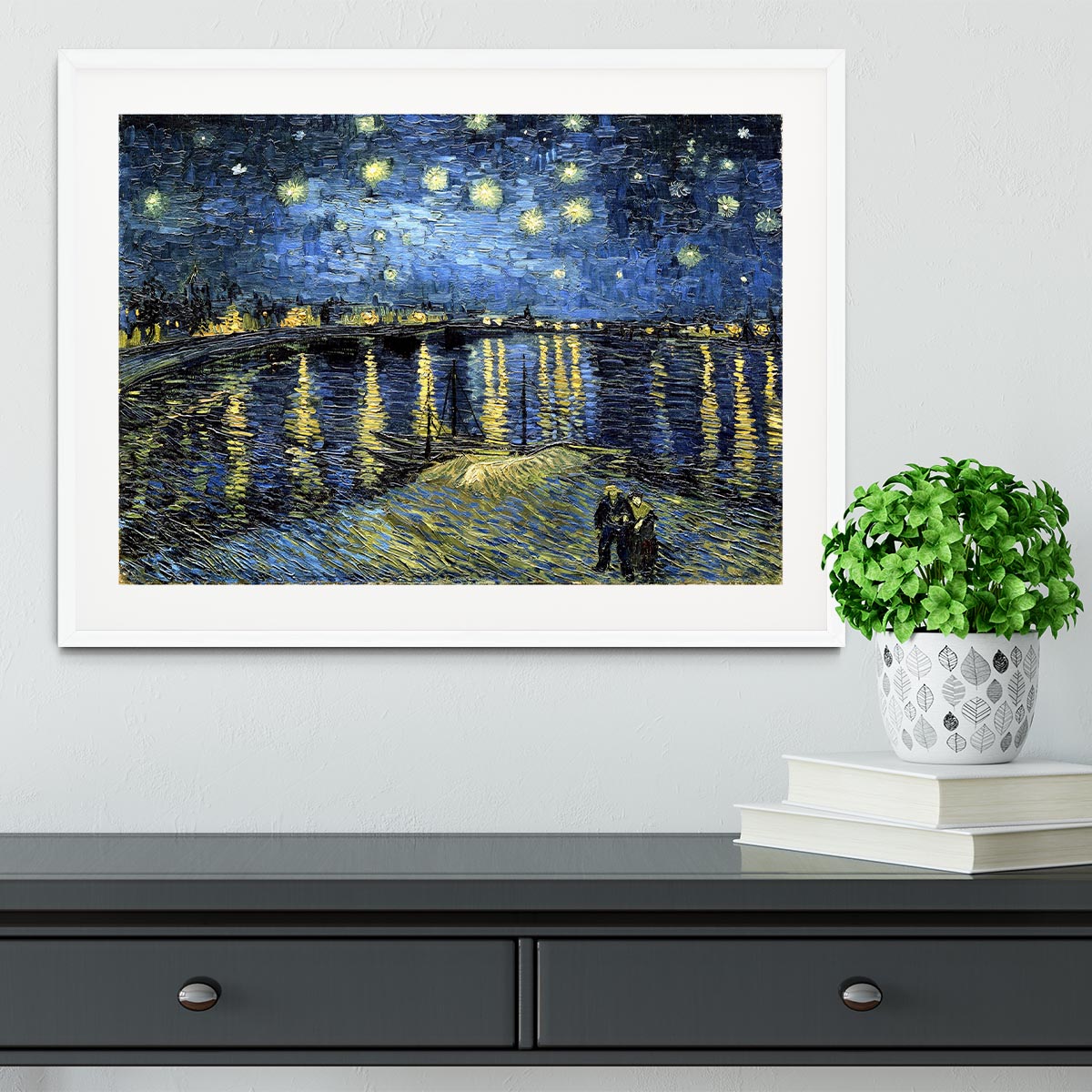 Framed print of Starry Night over the Rhone by Van Gogh, showcasing vibrant colors and elegant handmade frame.