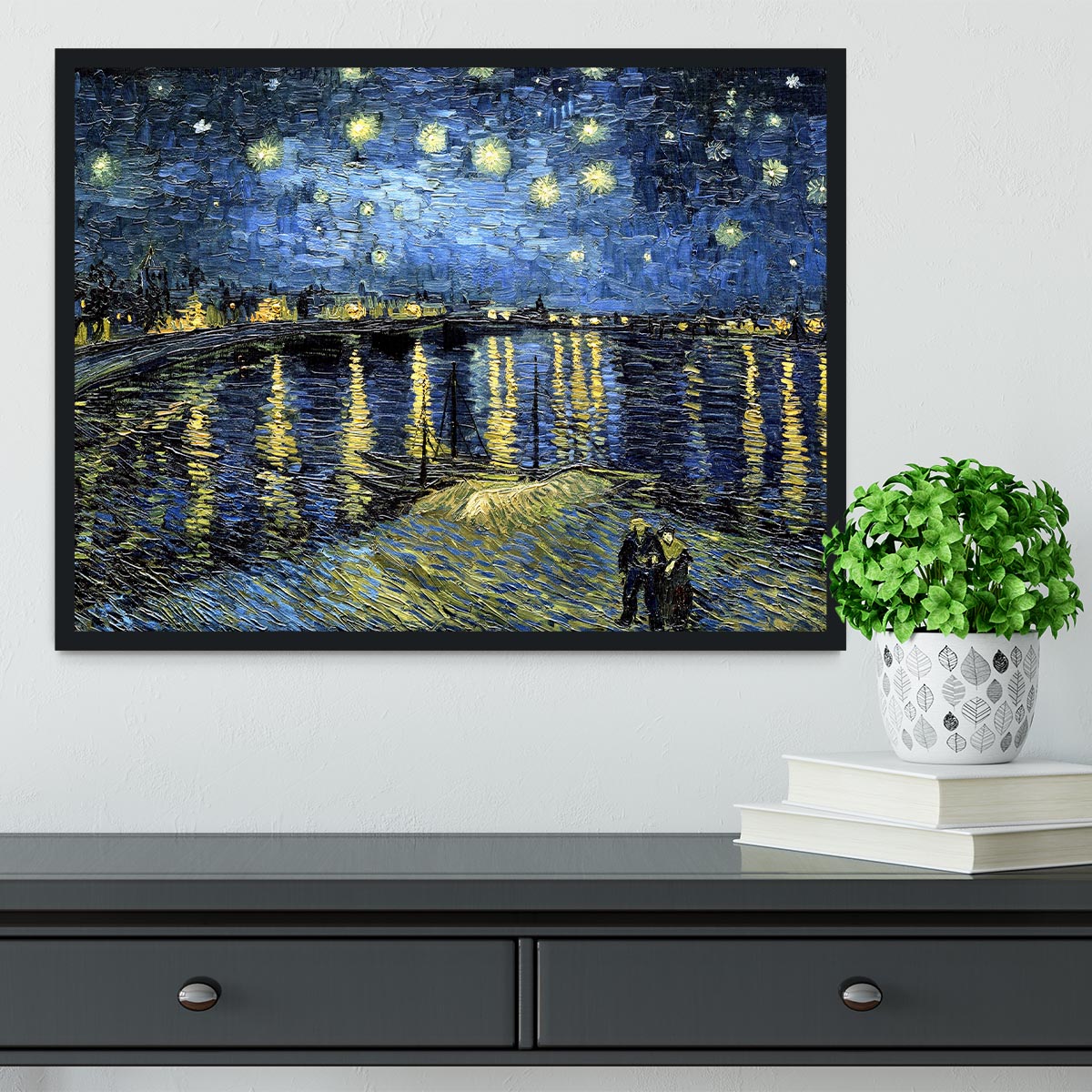 Framed print of Starry Night over the Rhone by Van Gogh, showcasing vibrant colors and elegant handmade frame.