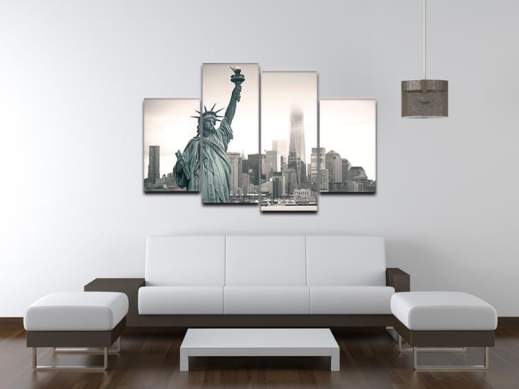 A 4-panel canvas artwork featuring the Statue of Liberty with a vibrant cityscape background, showcasing a dynamic and modern design.