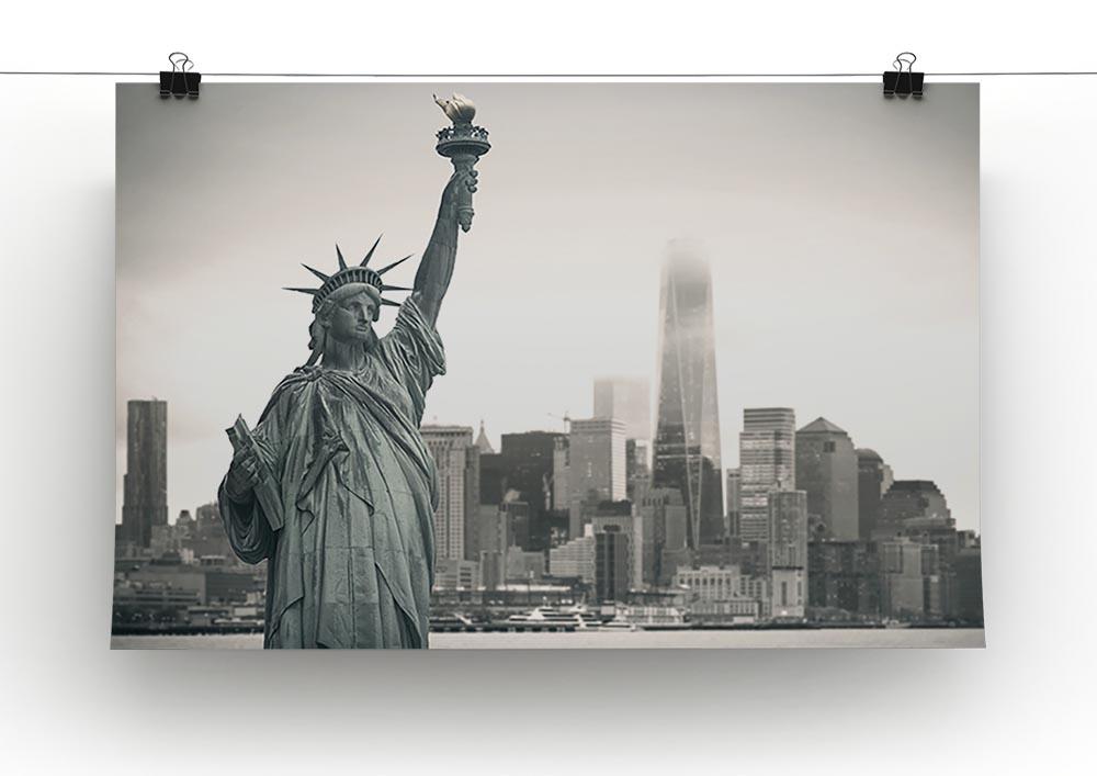 A vibrant canvas print of the Statue of Liberty with a cityscape backdrop, showcasing iconic architecture and a beautiful skyline.