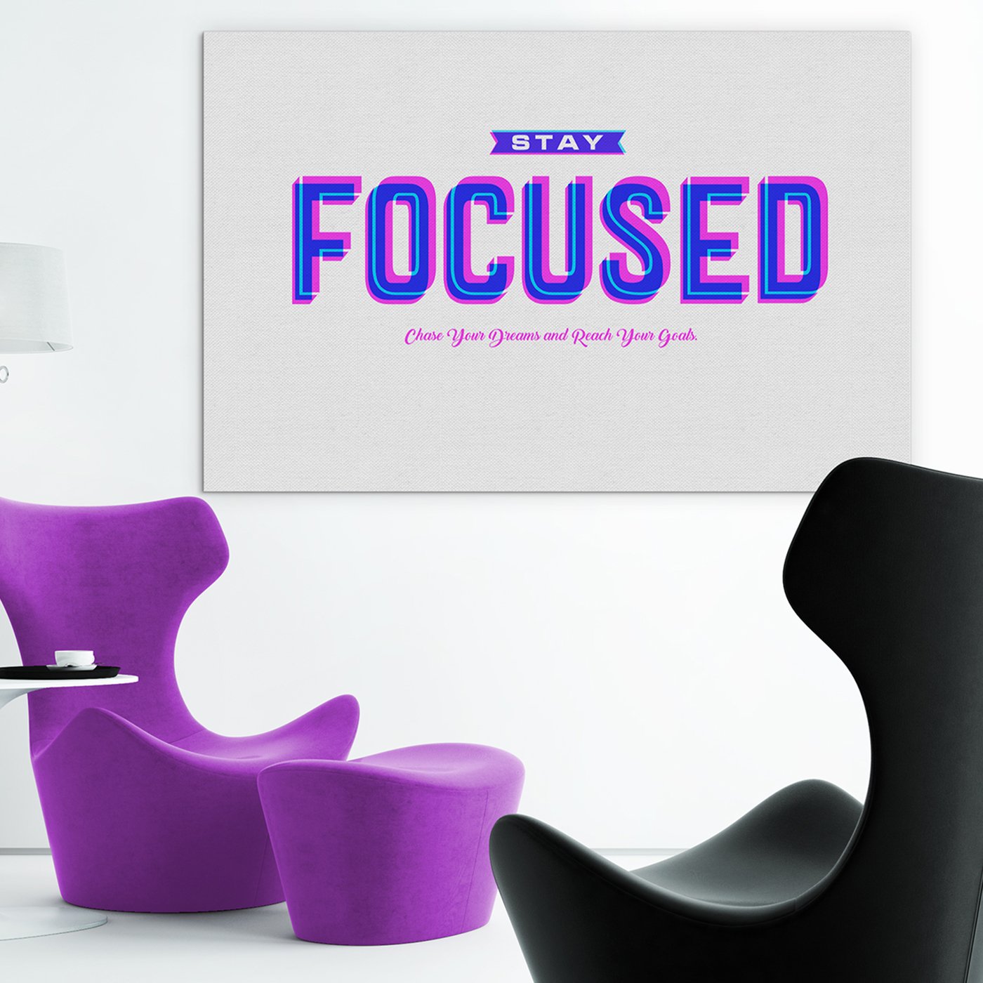A vibrant Stay Focused Canvas featuring modern art and inspirational quotes, perfect for home or office decor.