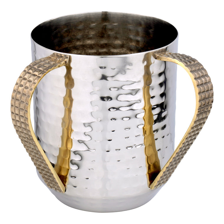 Steel hammered wash cup with round decorative gold handles, elegantly designed for kitchen or bathroom use.
