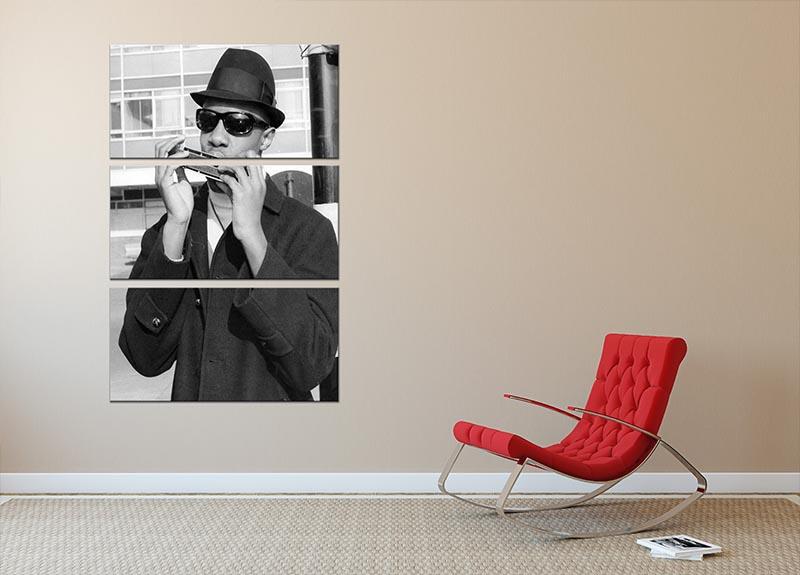 A stunning 3-panel canvas print featuring Stevie Wonder playing the harmonica, showcasing vibrant colors and artistic design.