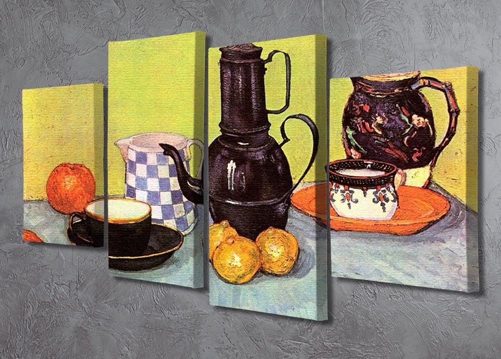 A 4-split canvas artwork featuring Van Gogh's Still Life Blue Enamel Coffeepot with Fruit, showcasing vibrant colors and dynamic arrangement.