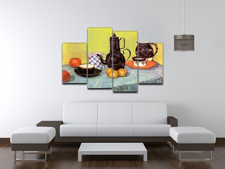 A 4-split canvas artwork featuring Van Gogh's Still Life Blue Enamel Coffeepot with Fruit, showcasing vibrant colors and dynamic arrangement.