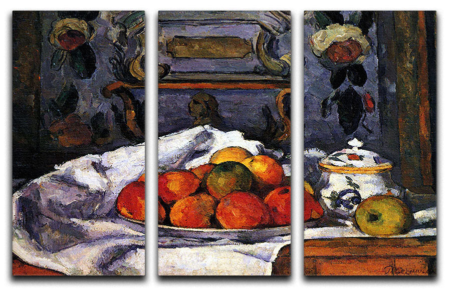 A stunning 3-panel canvas print featuring Cezanne's Still Life Bowl of Apples, showcasing vibrant colors and intricate details.