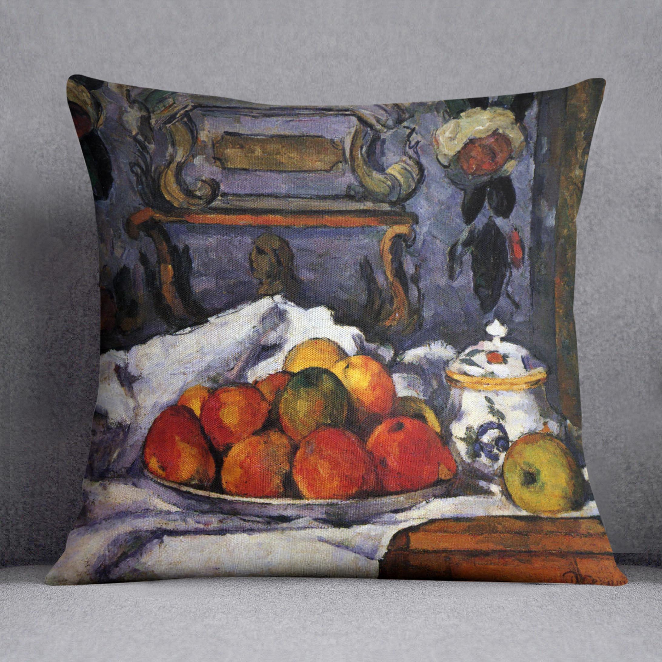 A decorative cushion featuring Cezanne's still life bowl of apples design, made from luxurious vegan faux suede.
