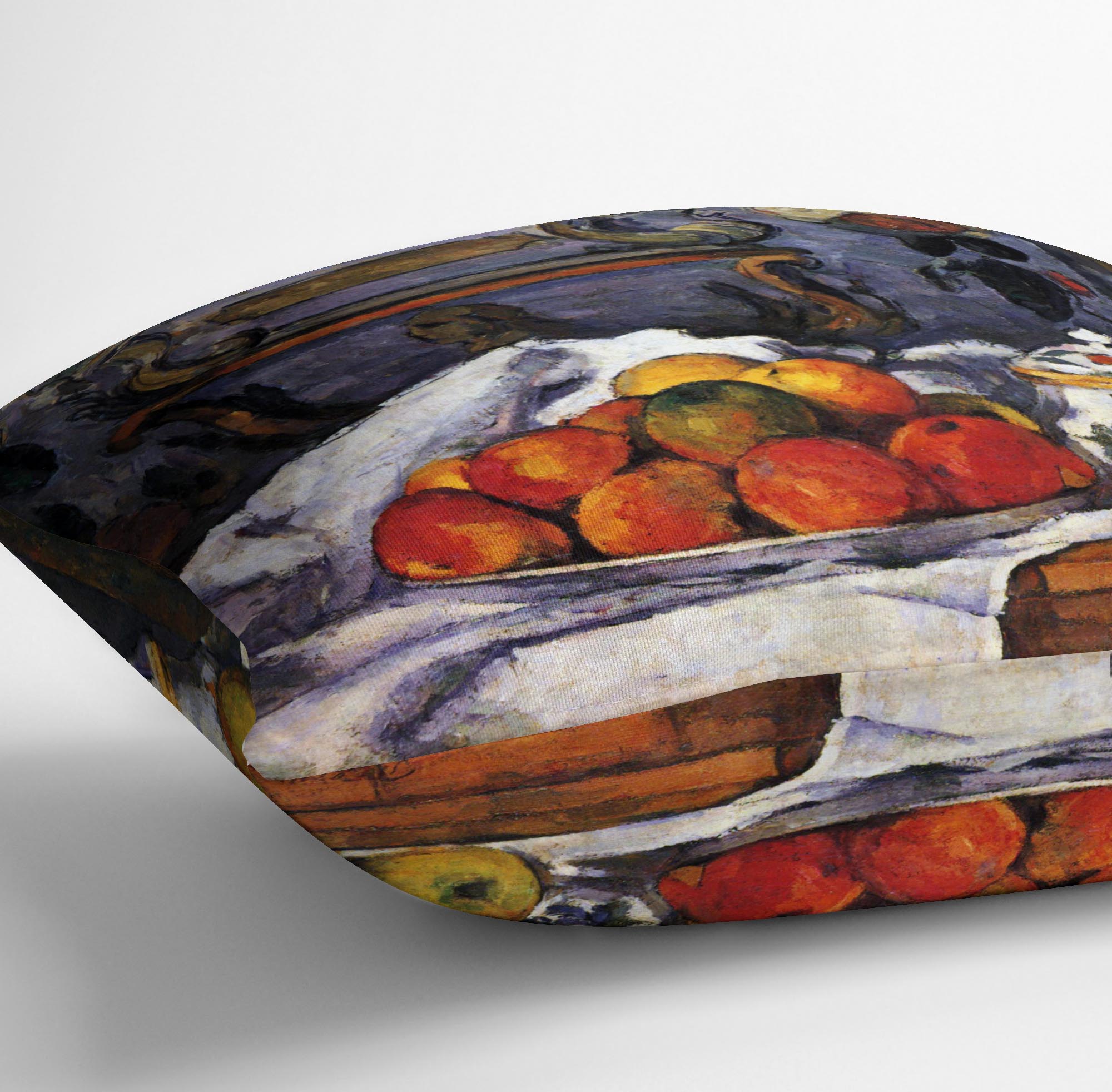A decorative cushion featuring Cezanne's still life bowl of apples design, made from luxurious vegan faux suede.