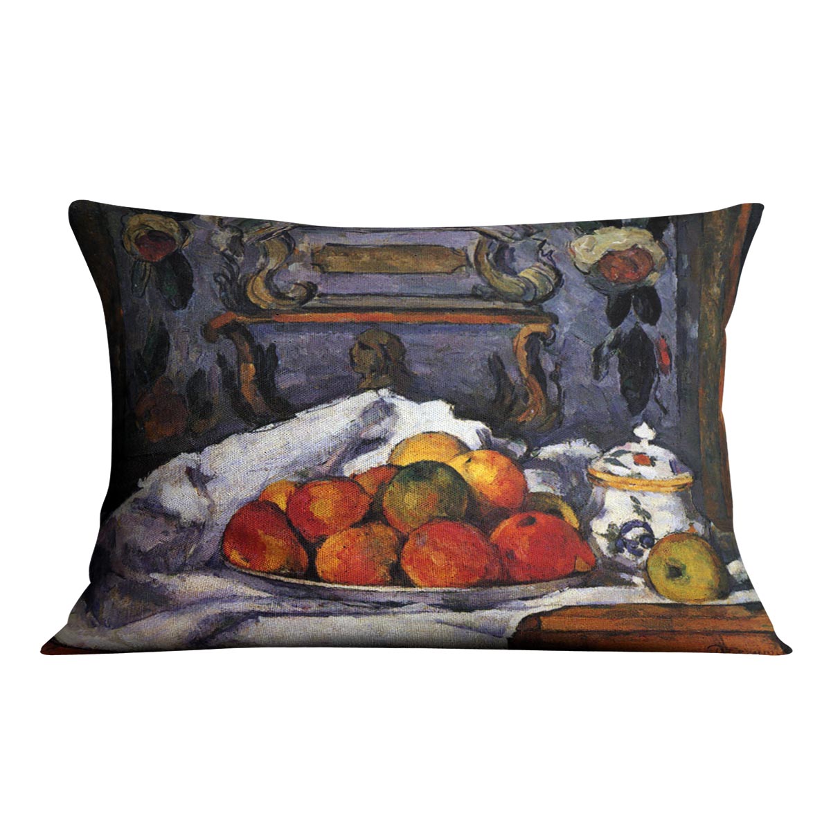 A decorative cushion featuring Cezanne's still life bowl of apples design, made from luxurious vegan faux suede.
