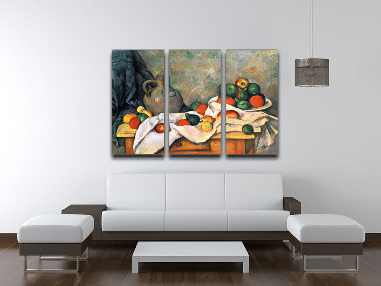 Three-panel canvas art featuring Cezanne's still life with a pitcher and fruit bowl, showcasing vibrant colors and intricate details.