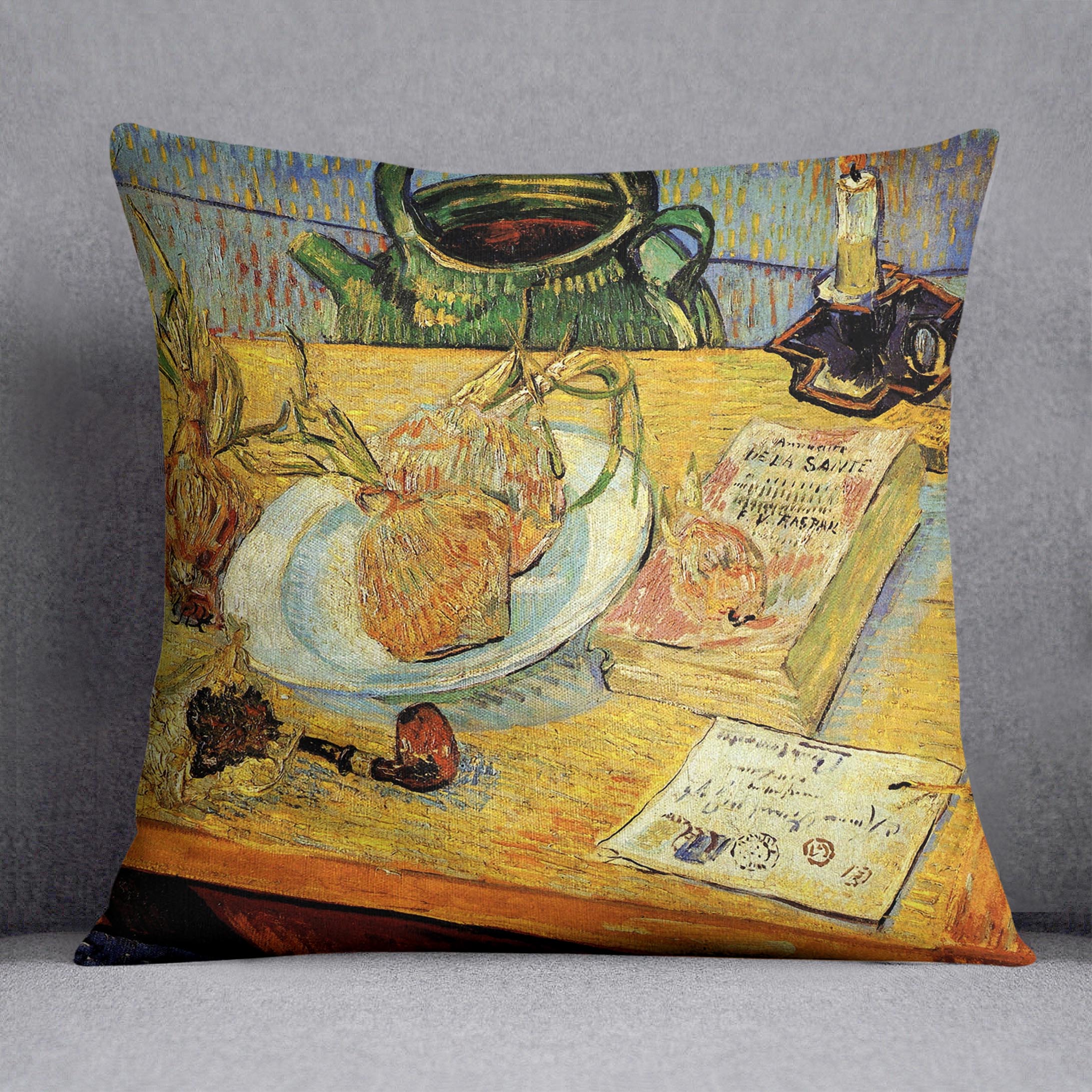 A vibrant cushion featuring Van Gogh's Still Life Drawing Board Pipe Onions and Sealing-Wax design, showcasing rich colors and artistic details.