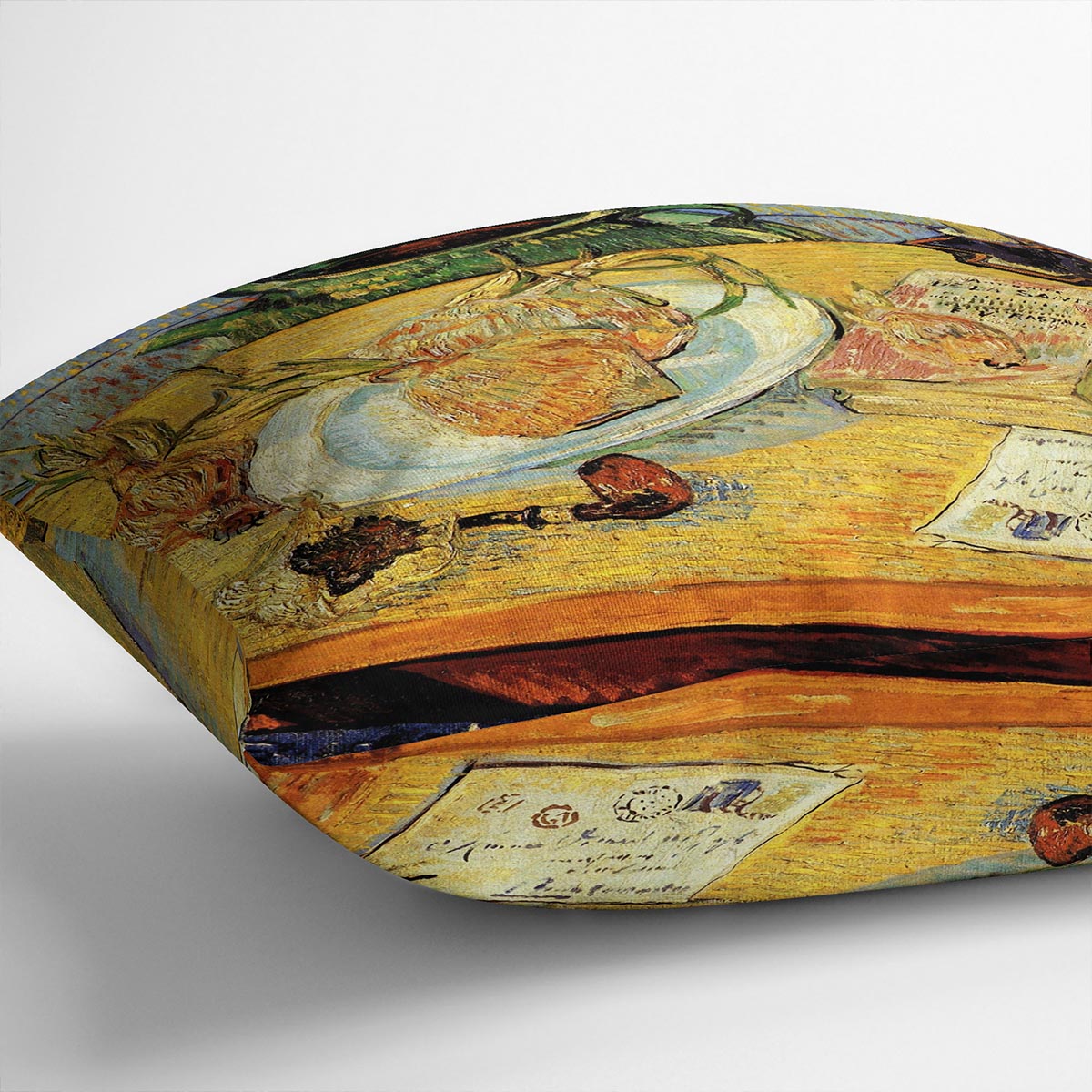 A vibrant cushion featuring Van Gogh's Still Life Drawing Board Pipe Onions and Sealing-Wax design, showcasing rich colors and artistic details.