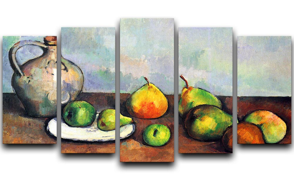 A 5-split canvas artwork featuring Cezanne's Still Life Jar and Fruit, showcasing vibrant colors and intricate details across five panels.