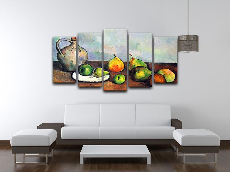 A 5-split canvas artwork featuring Cezanne's Still Life Jar and Fruit, showcasing vibrant colors and intricate details across five panels.