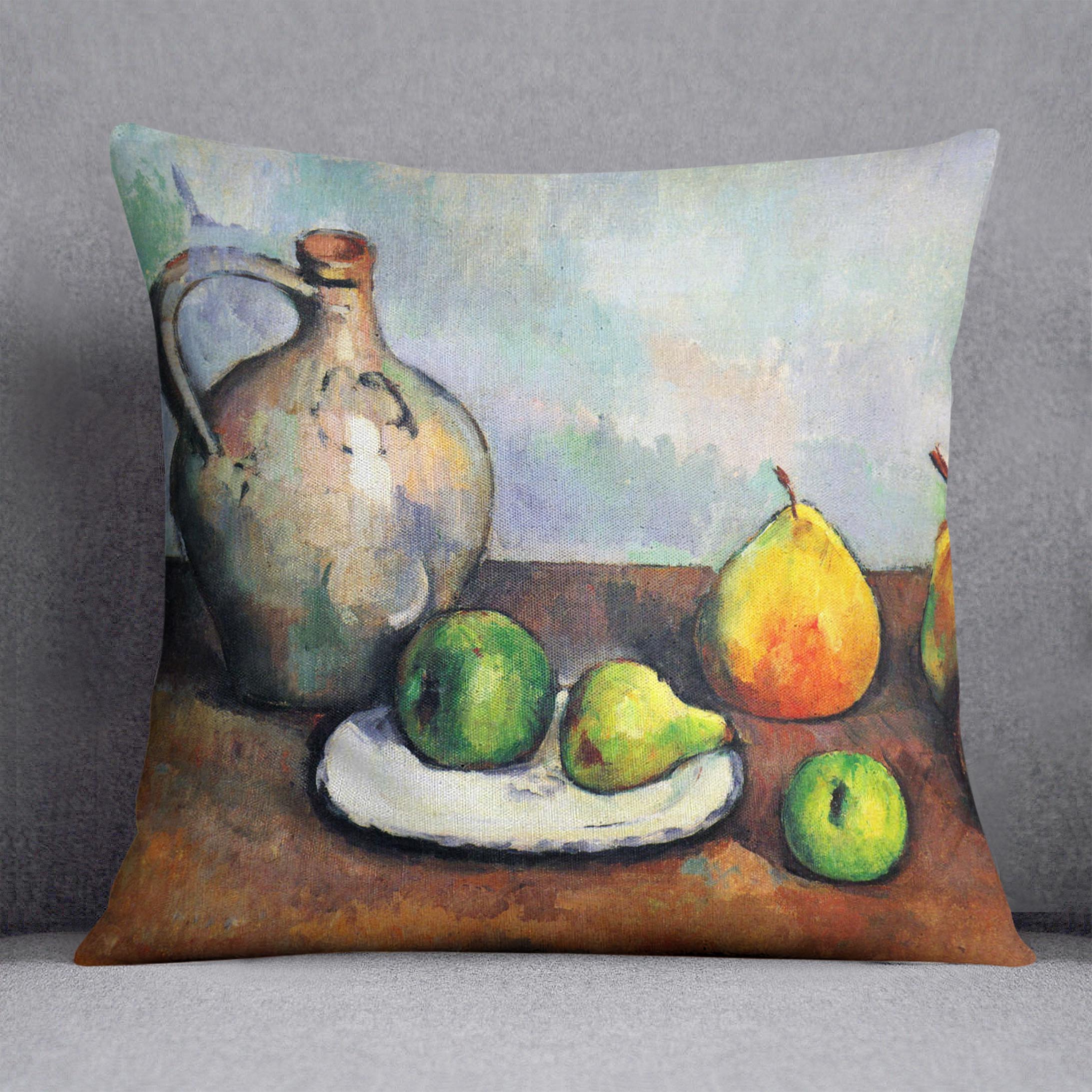 Still Life Jar and Fruit by Cezanne Cushion featuring vibrant colors on luxurious vegan faux suede.
