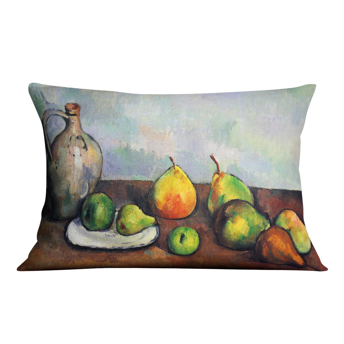Still Life Jar and Fruit by Cezanne Cushion featuring vibrant colors on luxurious vegan faux suede.