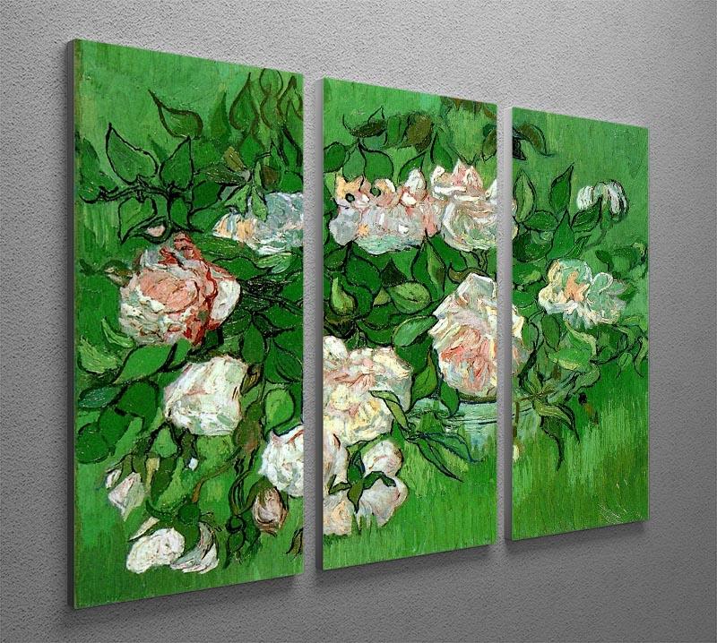 Three-panel canvas print featuring Van Gogh's Still Life Pink Roses, showcasing vibrant pink flowers on a textured background.