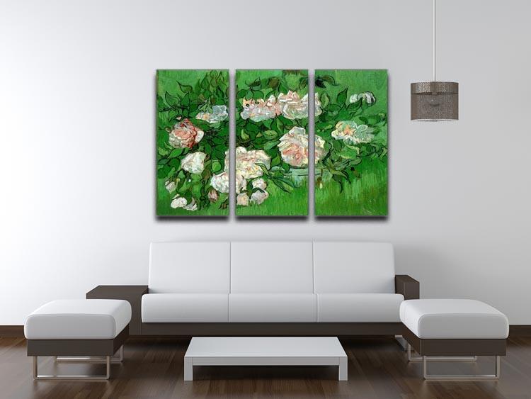 Three-panel canvas print featuring Van Gogh's Still Life Pink Roses, showcasing vibrant pink flowers on a textured background.