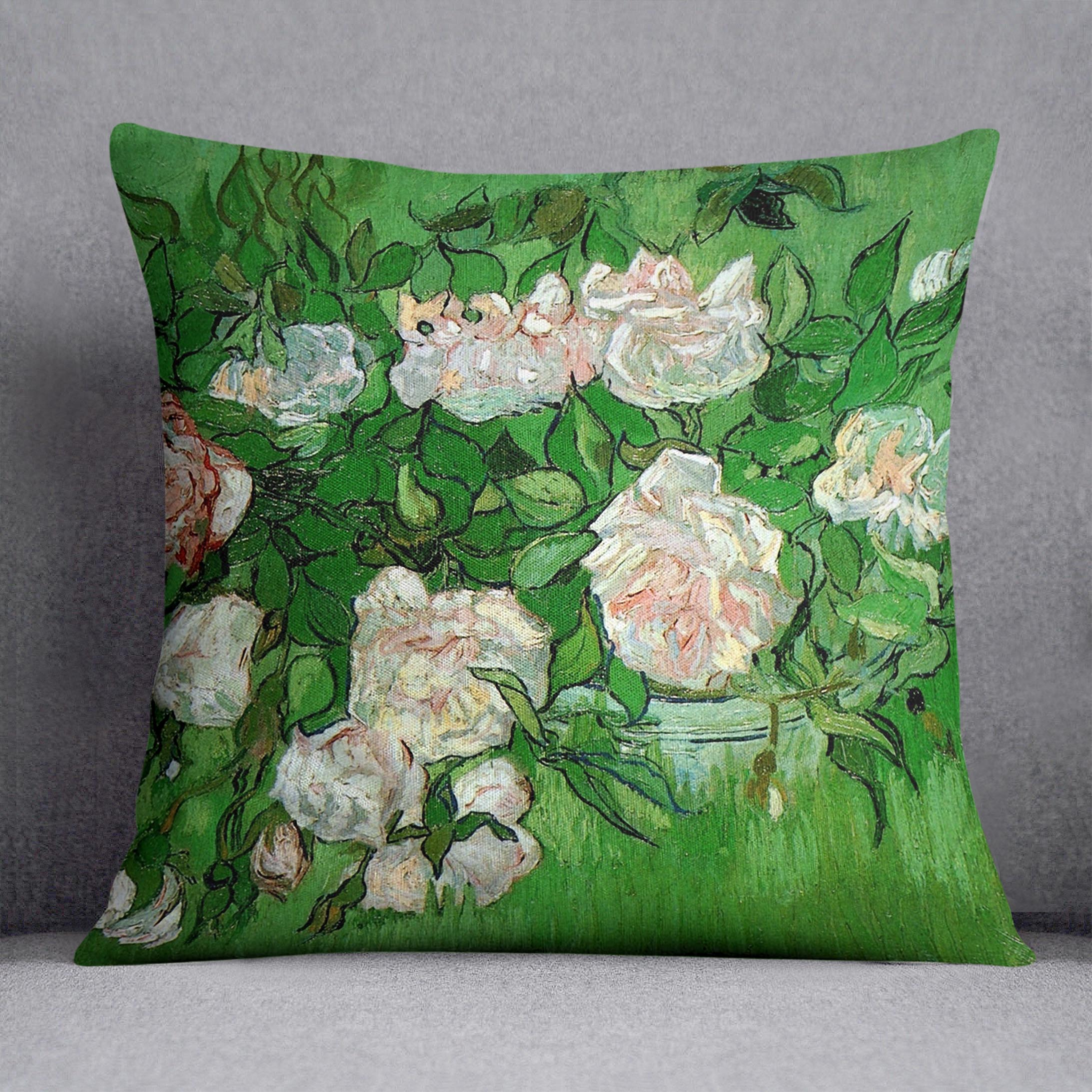 A vibrant cushion featuring Van Gogh's Still Life Pink Roses design, made from luxurious vegan faux suede.