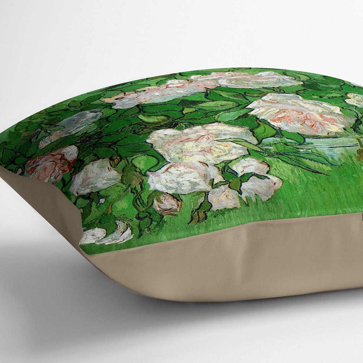 A vibrant cushion featuring Van Gogh's Still Life Pink Roses design, made from luxurious vegan faux suede.