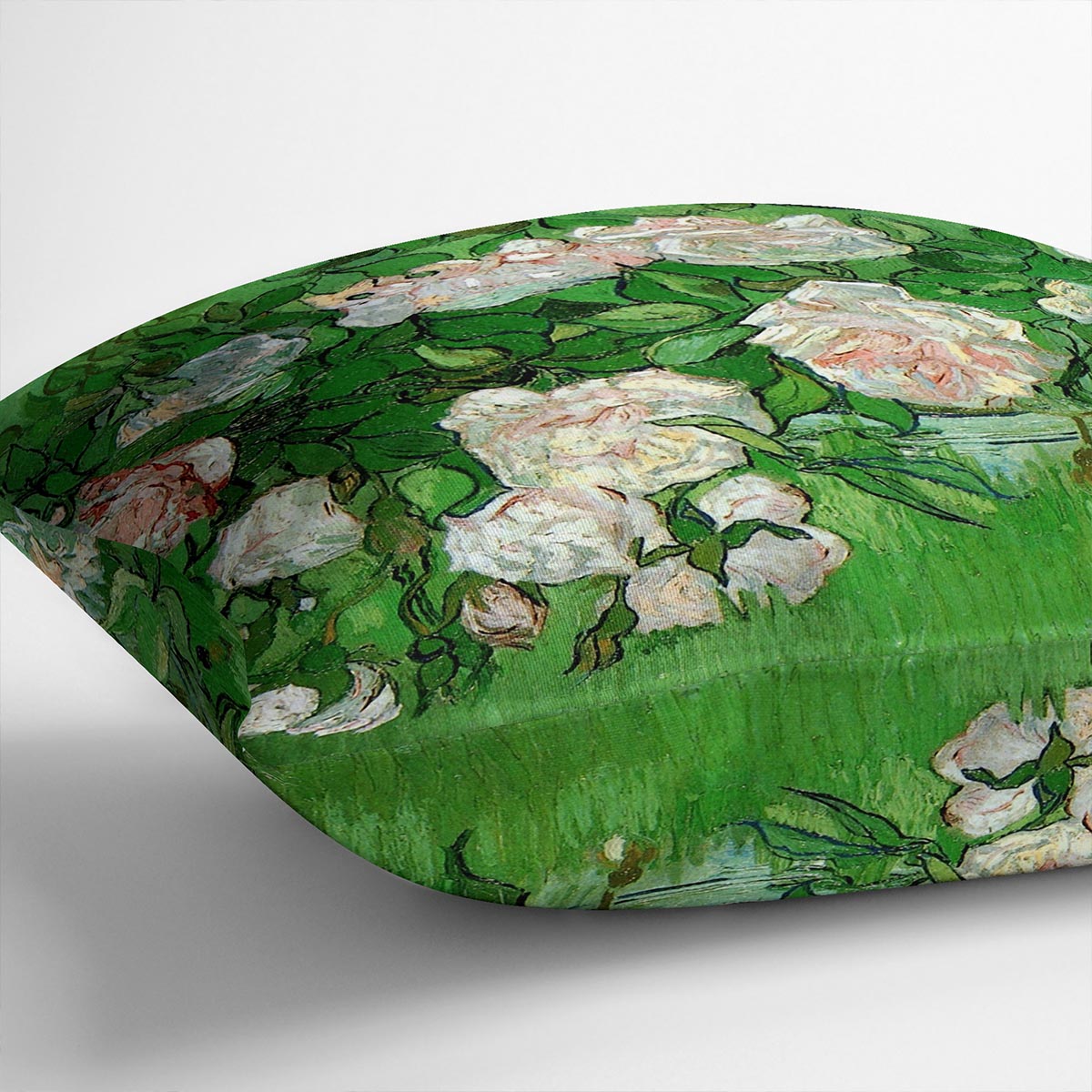 A vibrant cushion featuring Van Gogh's Still Life Pink Roses design, made from luxurious vegan faux suede.