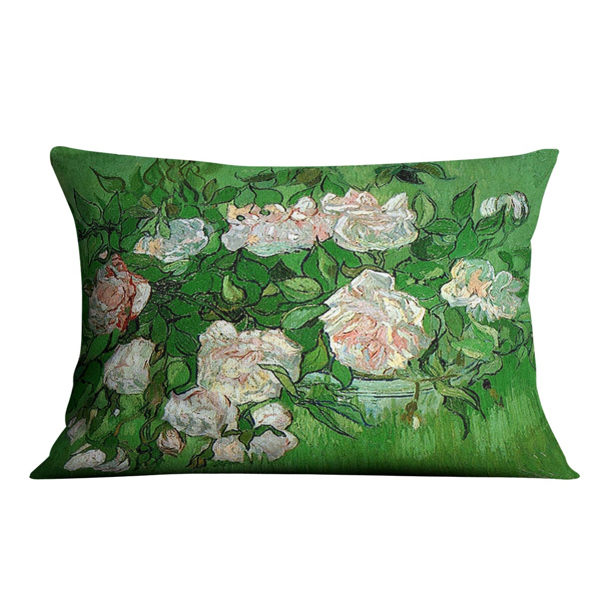 A vibrant cushion featuring Van Gogh's Still Life Pink Roses design, made from luxurious vegan faux suede.