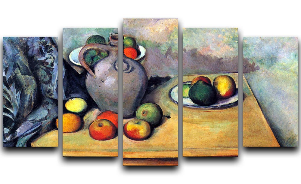 A 5 split panel artwork featuring Cezanne's still life of a pitcher and fruit on a table, showcasing vibrant colors and intricate details.